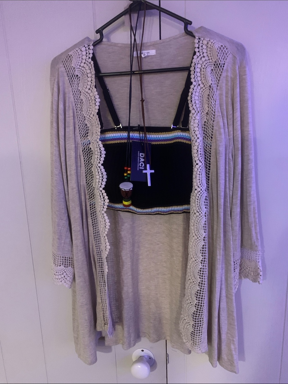 Beige Crochet Trim Open-Front Women sweater, and a black crochet top